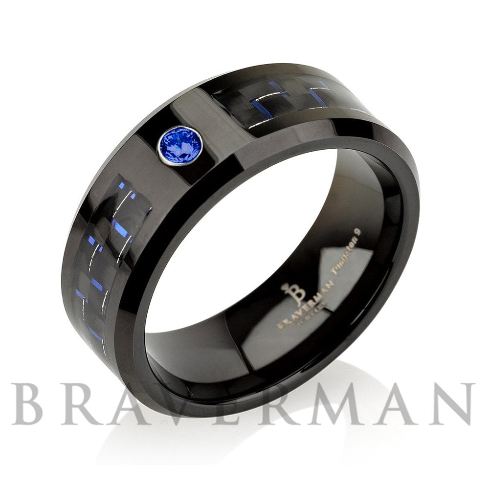 Blue Sapphire Men Tungsten Wedding Band, Black Tungsten Man Wedding Ring, His Birthstone Engagement Ring, Comfort Fit Manly Band