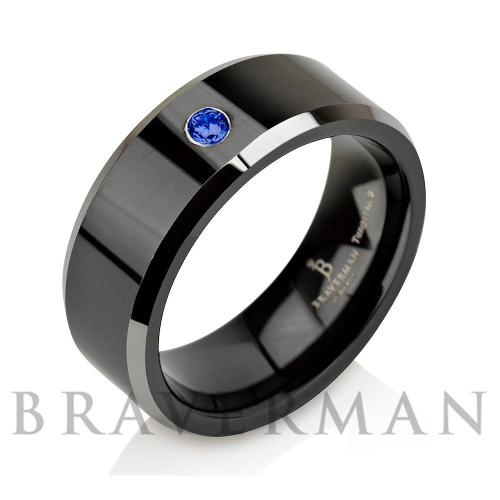 Blue Sapphire Tungsten Mens Engagement Ring | 8MM Comfort Fit Manly Band | Black Wedding Band | September Birthstone Ring Gift for Boyfriend