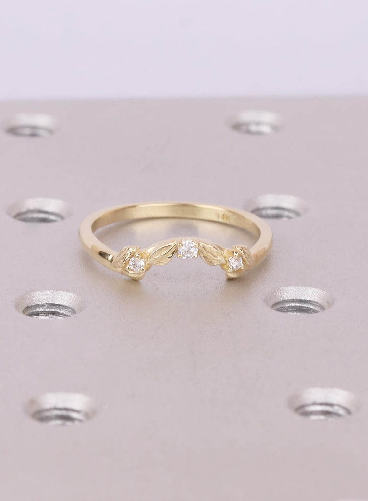 14K Solid Gold Curved Leaf Diamond Wedding Band: Dainty Stacking Ring image #14