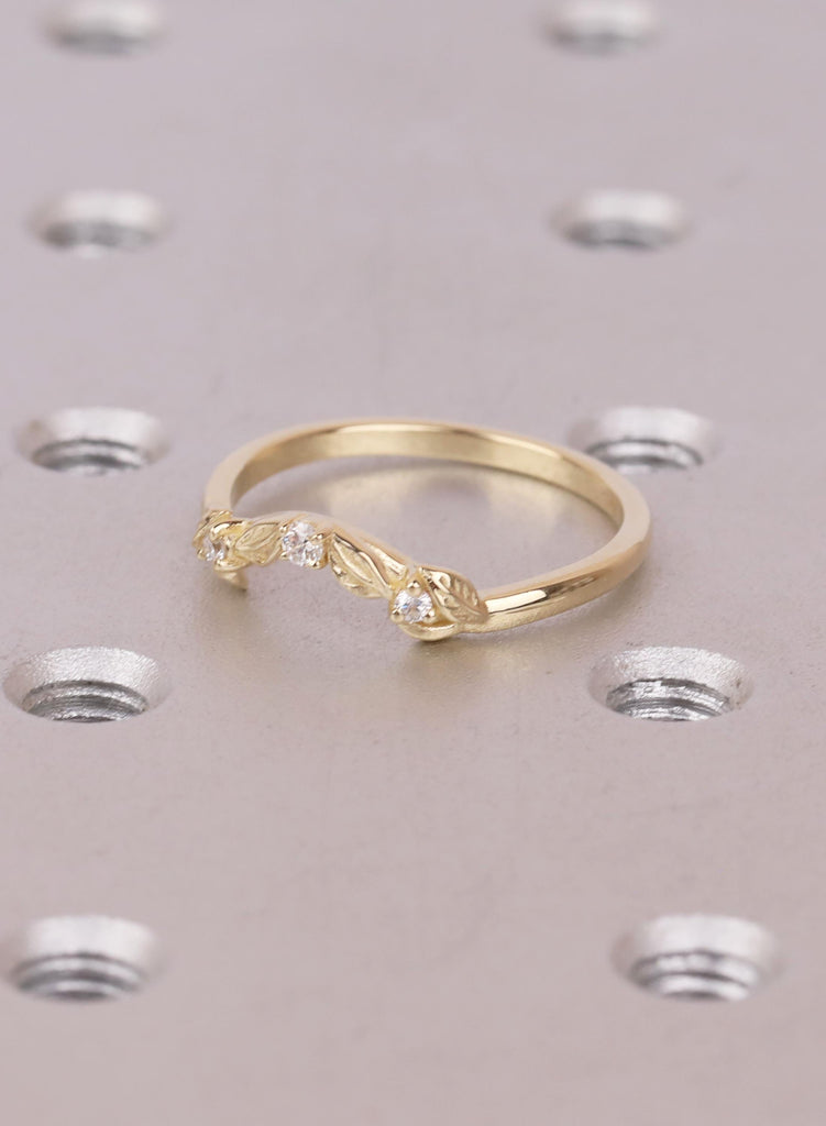 14K Solid Gold Curved Leaf Diamond Wedding Band: Dainty Stacking Ring image #6