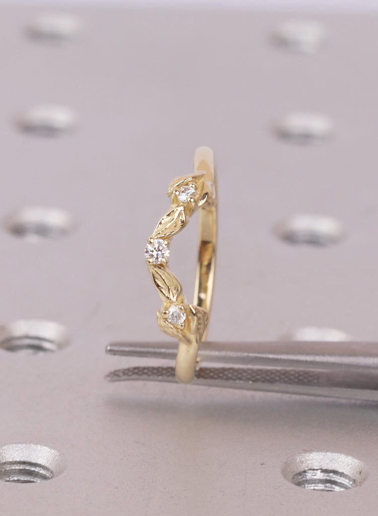 14K Solid Gold Curved Leaf Diamond Wedding Band: Dainty Stacking Ring image #5