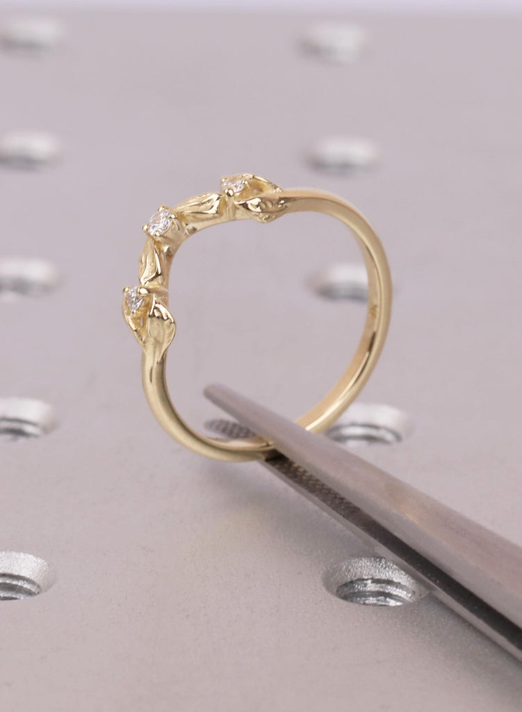 14K/18K Solid Gold Dainty Leaf Ring, Nature Inspired Diamond Wedding Ring for Women, Thin Wedding Band Stacking Ring, Curved Matching Band image #8
