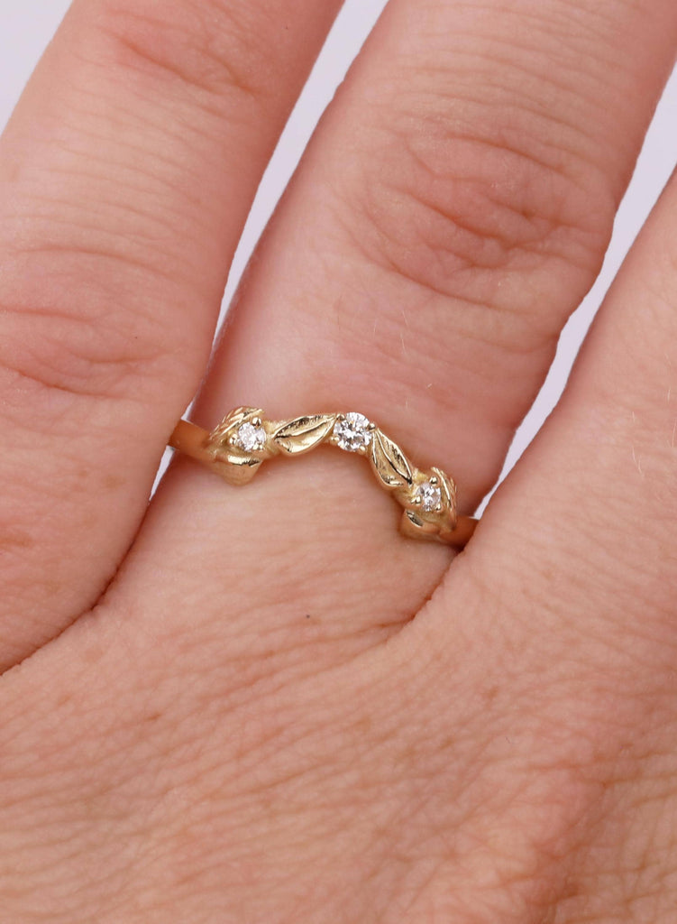 14K/18K Solid Gold Dainty Leaf Ring, Nature Inspired Diamond Wedding Ring for Women, Thin Wedding Band Stacking Ring, Curved Matching Band image #7