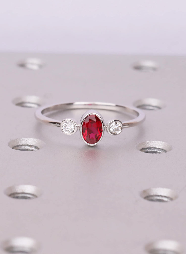 Oval Ruby Ring, Bezel Set Lab Ruby Ring, Oval Three Stone Engagement Ring, July Birthstone Promise Ring, Dainty Engagement Ring, Bridal Gift image #14