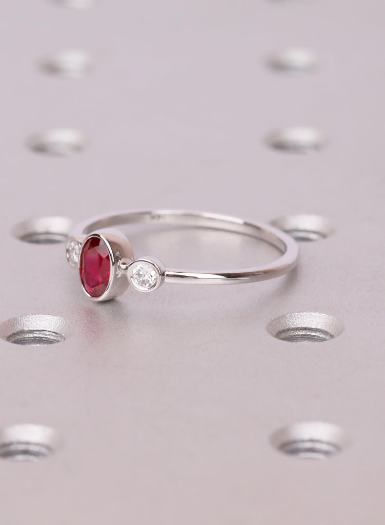 Oval Ruby Ring, Bezel Set Lab Ruby Ring, Oval Three Stone Engagement Ring, July Birthstone Promise Ring, Dainty Engagement Ring, Bridal Gift image #8