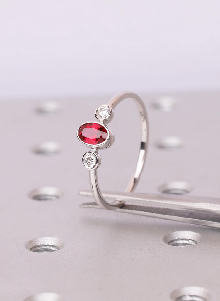Oval Ruby Ring, Bezel Set Lab Ruby Ring, Oval Three Stone Engagement Ring, July Birthstone Promise Ring, Dainty Engagement Ring, Bridal Gift image #6