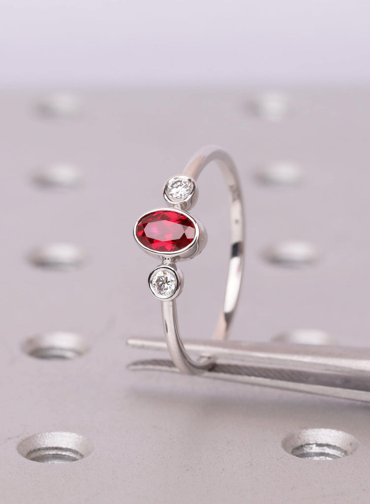 Oval Ruby Ring, Bezel Set Lab Ruby Ring, Oval Three Stone Engagement Ring, July Birthstone Promise Ring, Dainty Engagement Ring, Bridal Gift image #7