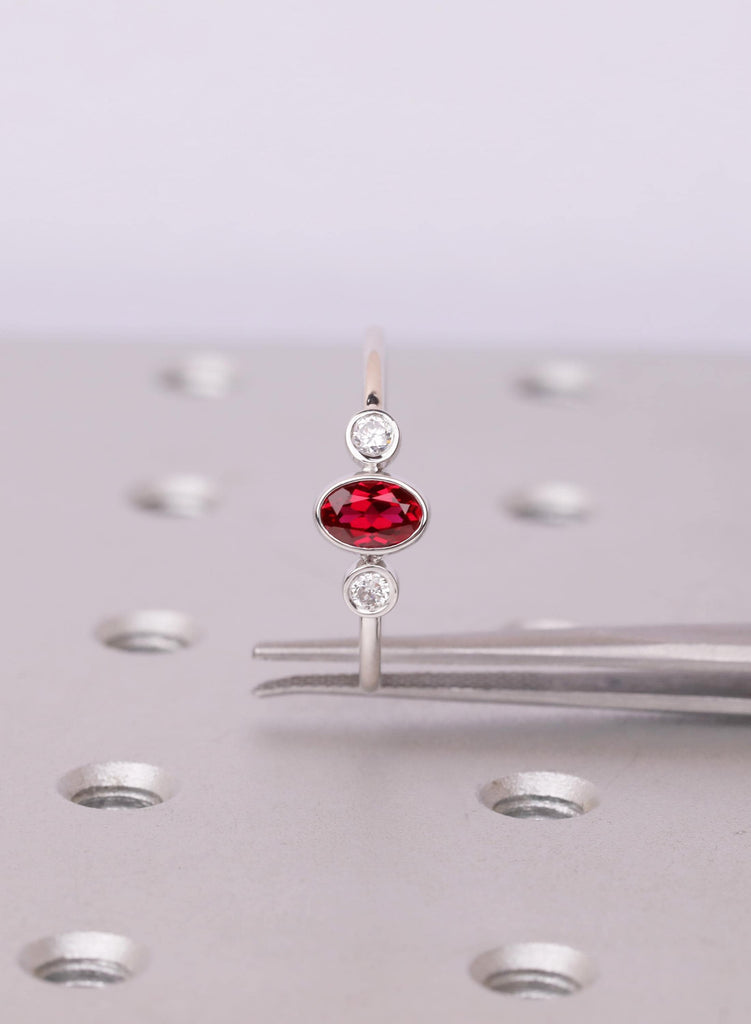 Oval Ruby Ring, Bezel Set Lab Ruby Ring, Oval Three Stone Engagement Ring, July Birthstone Promise Ring, Dainty Engagement Ring, Bridal Gift image #13