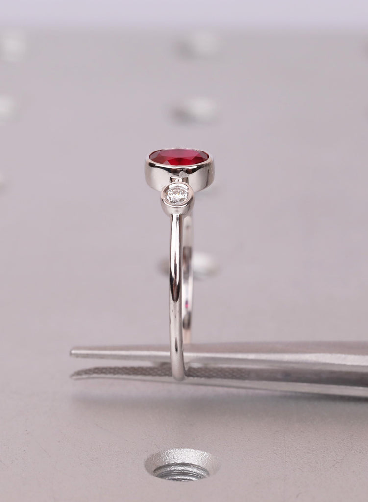 Oval Ruby Ring, Bezel Set Lab Ruby Ring, Oval Three Stone Engagement Ring, July Birthstone Promise Ring, Dainty Engagement Ring, Bridal Gift image #9