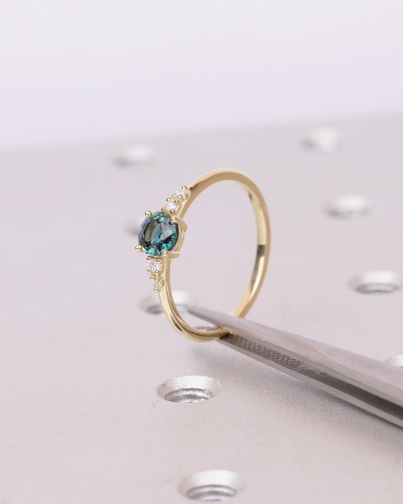 0.5ct Teal Sapphire Engagement Ring, 14k Solid Gold Promise Rings for Women, Diamond and September Birthstone Ring, Vintage Gemstone Jewelry image #4
