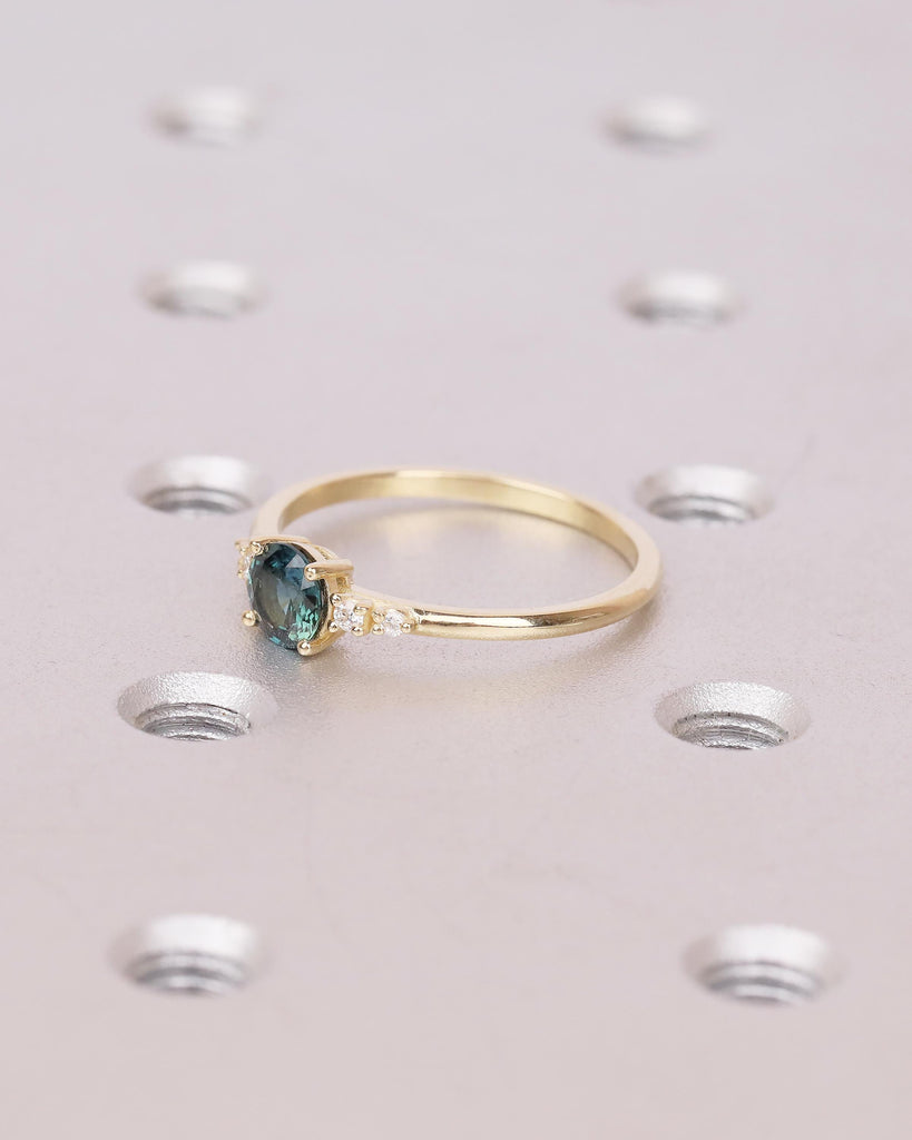 0.5ct Teal Sapphire Engagement Ring, 14k Solid Gold Promise Rings for Women, Diamond and September Birthstone Ring, Vintage Gemstone Jewelry image #3