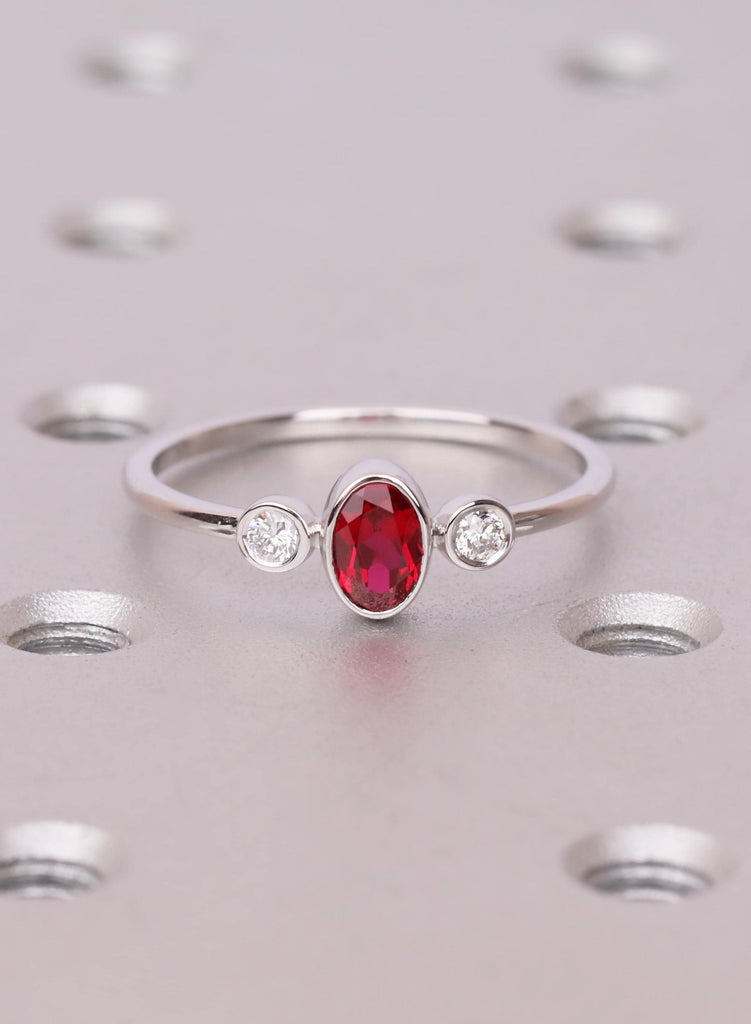 Oval Ruby Ring, Bezel Set Lab Ruby Ring, Oval Three Stone Engagement Ring, July Birthstone Promise Ring, Dainty Engagement Ring, Bridal Gift