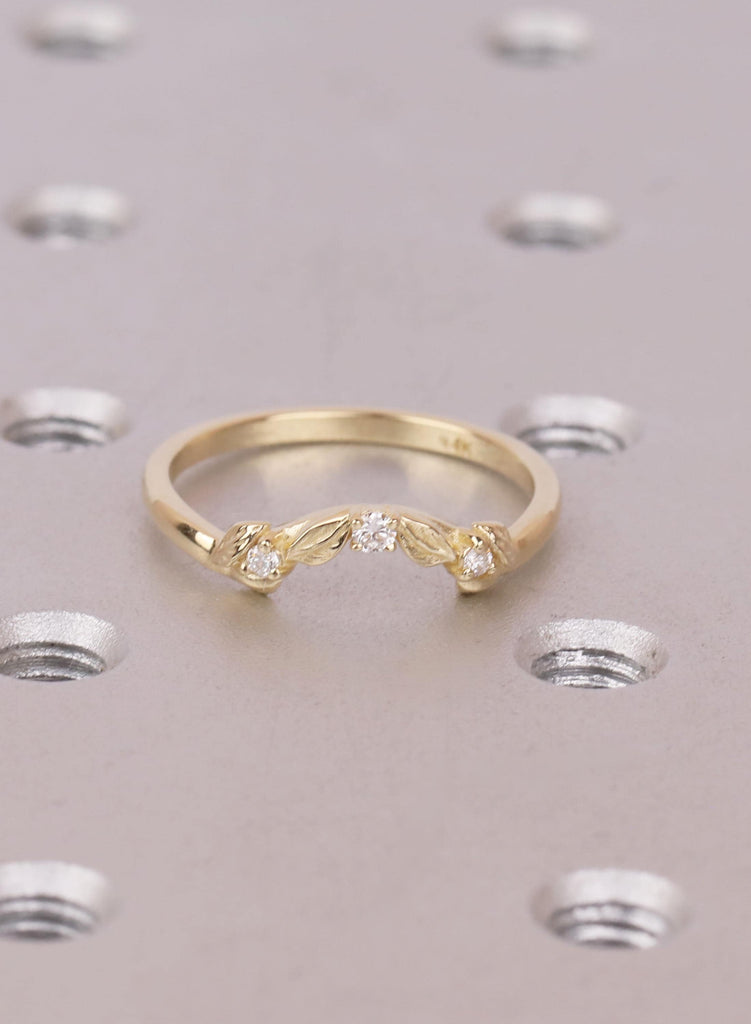 14K Solid Gold Curved Leaf Diamond Wedding Band: Dainty Stacking Ring image #1