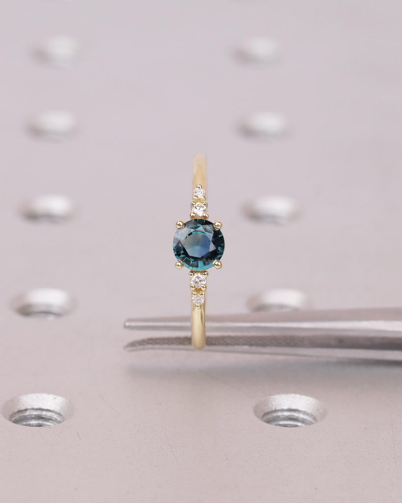 0.5ct Teal Sapphire Engagement Ring, 14k Solid Gold Promise Rings for Women, Diamond and September Birthstone Ring, Vintage Gemstone Jewelry image #5