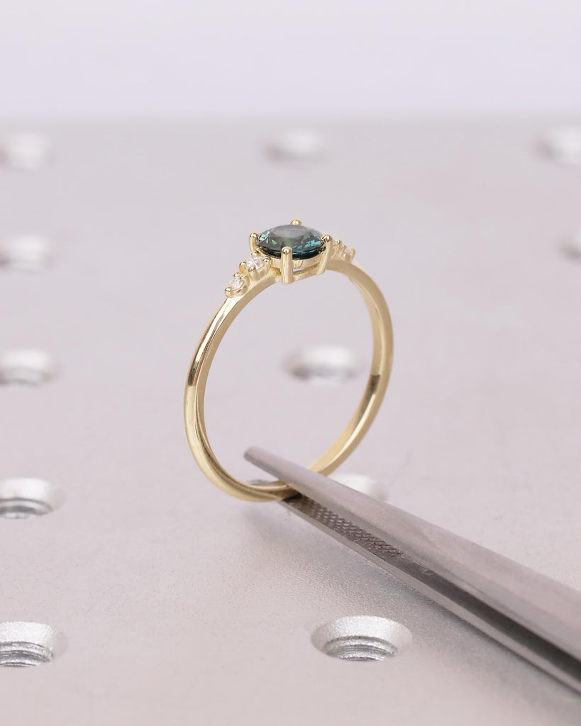 0.5ct Teal Sapphire Engagement Ring, 14k Solid Gold Promise Rings for Women, Diamond and September Birthstone Ring, Vintage Gemstone Jewelry image #15
