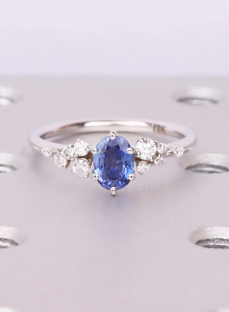 Blue Sapphire Ring Snowdrift Diamond Cluster 14K Solid Gold Wedding Ring September Birthstone Handmade Sapphire Jewelry Anniversary Gift