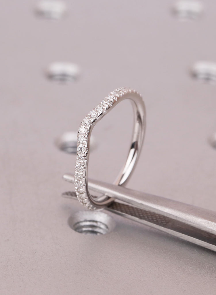 14k White Gold Curved Wedding Band Women, Round Cut Diamond Half Eternity Ring, Curved Stacking Band For Engagement Ring, Matching Ring image #6