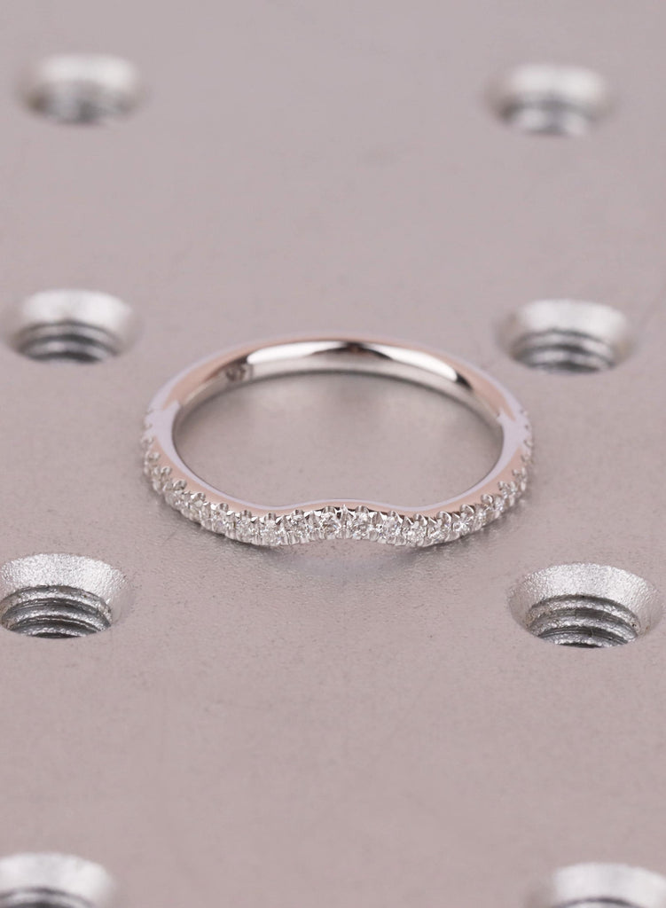 14k White Gold Curved Wedding Band Women, Round Cut Diamond Half Eternity Ring, Curved Stacking Band For Engagement Ring, Matching Ring image #8