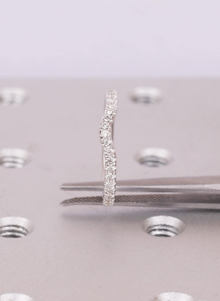 14k White Gold Curved Wedding Band Women, Round Cut Diamond Half Eternity Ring, Curved Stacking Band For Engagement Ring, Matching Ring image #10