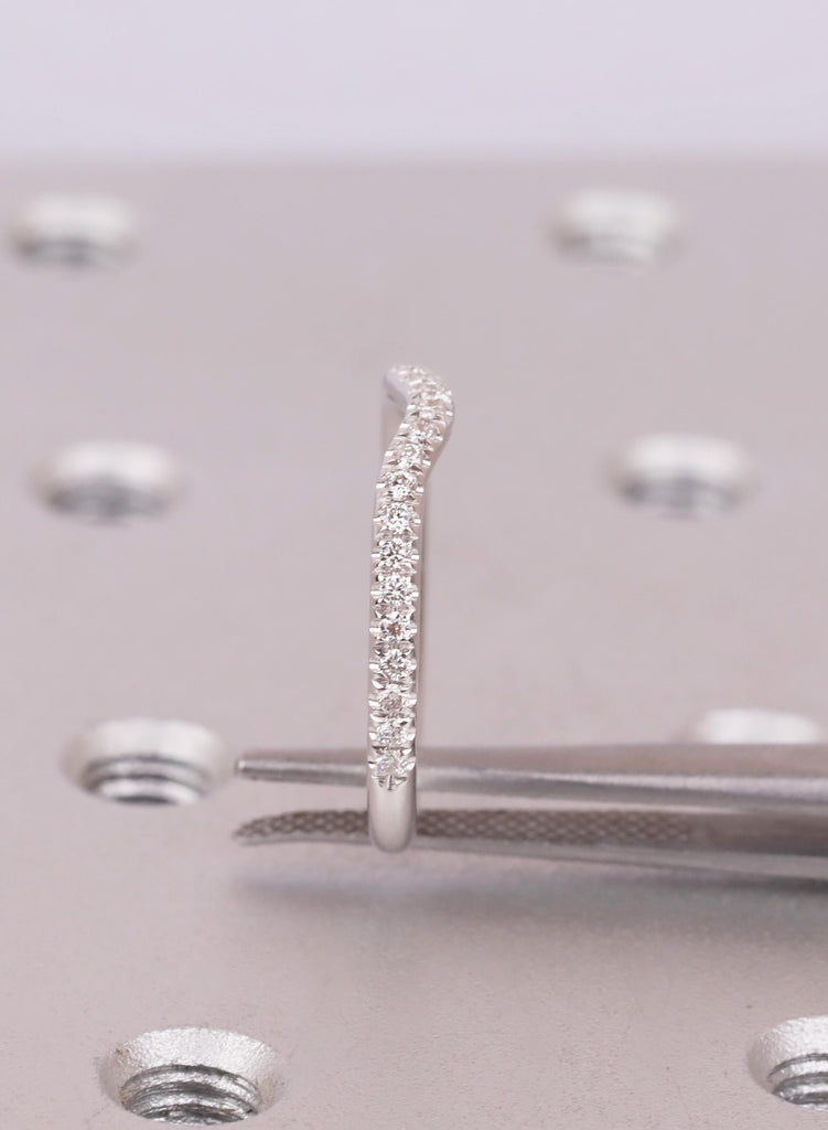 14k White Gold Curved Wedding Band Women, Round Cut Diamond Half Eternity Ring, Curved Stacking Band For Engagement Ring, Matching Ring image #13