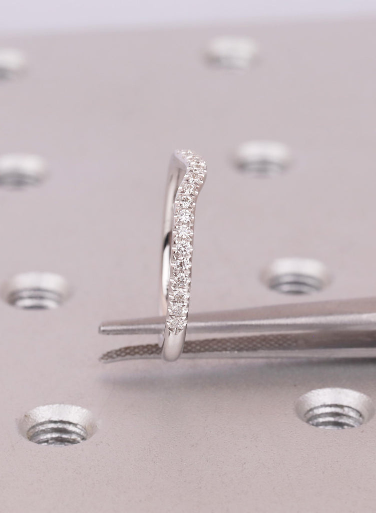 14k White Gold Curved Wedding Band Women, Round Cut Diamond Half Eternity Ring, Curved Stacking Band For Engagement Ring, Matching Ring image #14
