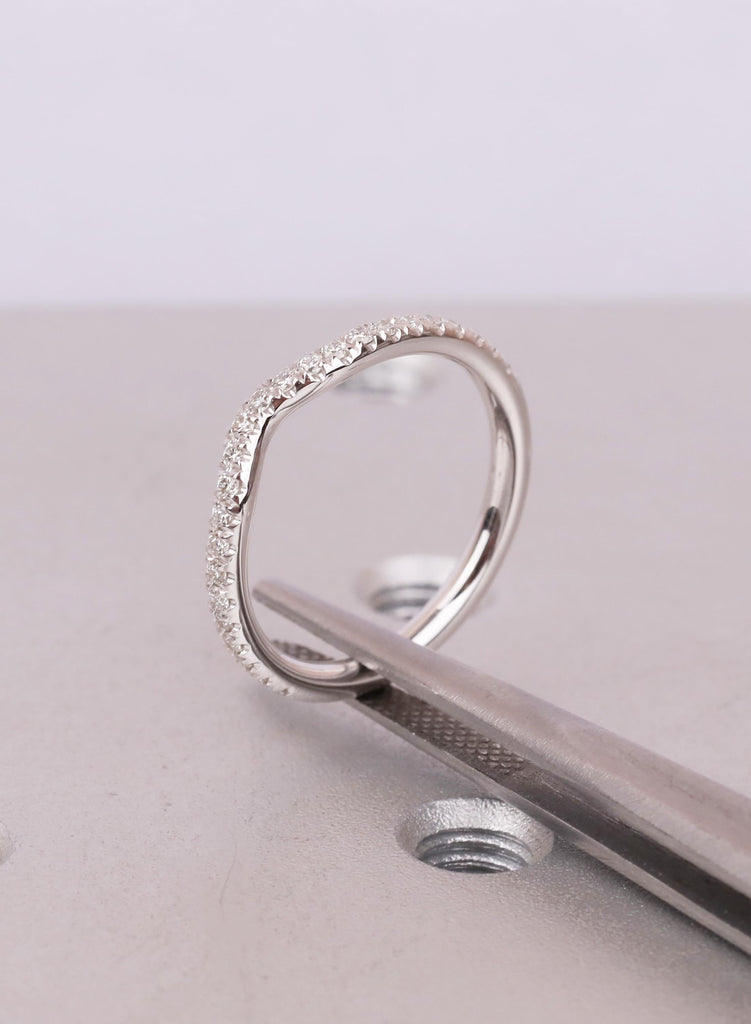 14k White Gold Curved Wedding Band Women, Round Cut Diamond Half Eternity Ring, Curved Stacking Band For Engagement Ring, Matching Ring image #3
