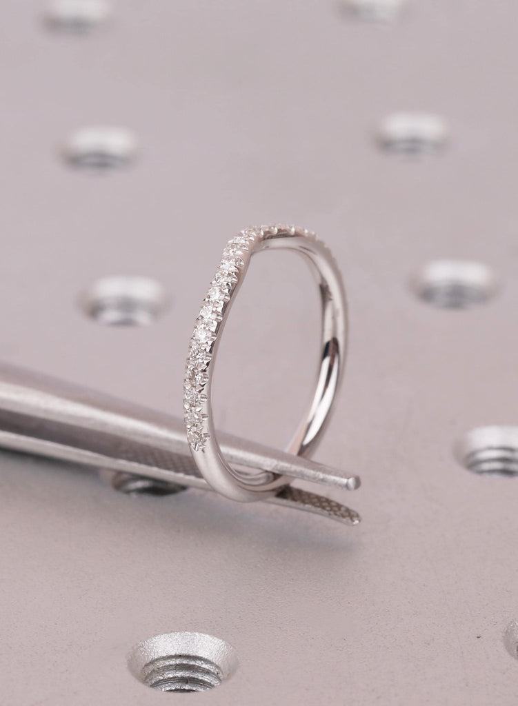 14k White Gold Curved Wedding Band Women, Round Cut Diamond Half Eternity Ring, Curved Stacking Band For Engagement Ring, Matching Ring image #2