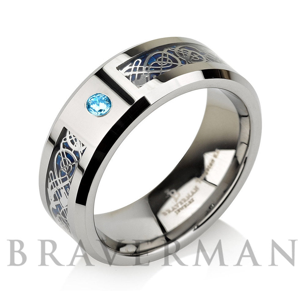 Celtic Style Tungsten Mens Engagement Ring | Aquamarine Birthstone Wedding Band | 8MM Comfort Fit His Wedding Ring | Gift for Boyfriend