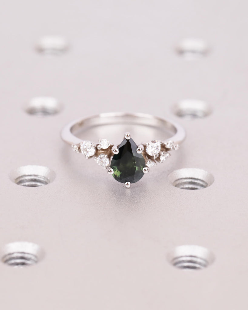Vintage Teal Sapphire Ring | Pear Cut Sapphire Engagement Ring | Blue Green Gemstone Cluster Ring | Unique Engagement Ring | 14K Solid Gold image #3