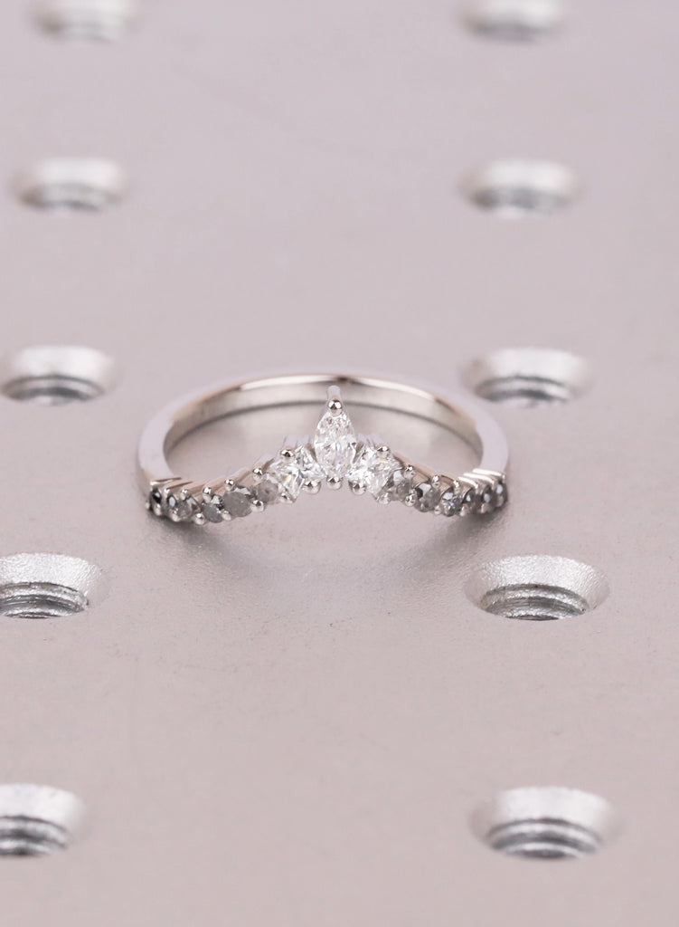 Ombré Salt and Pepper Diamond Chevron Wedding Band, Marquise and Princess Cut V Shaped Ring, Platinum Unique Bridal Matching Band for Women image #3