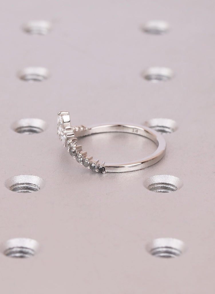 Ombré Salt and Pepper Diamond Chevron Wedding Band, Marquise and Princess Cut V Shaped Ring, Platinum Unique Bridal Matching Band for Women image #8