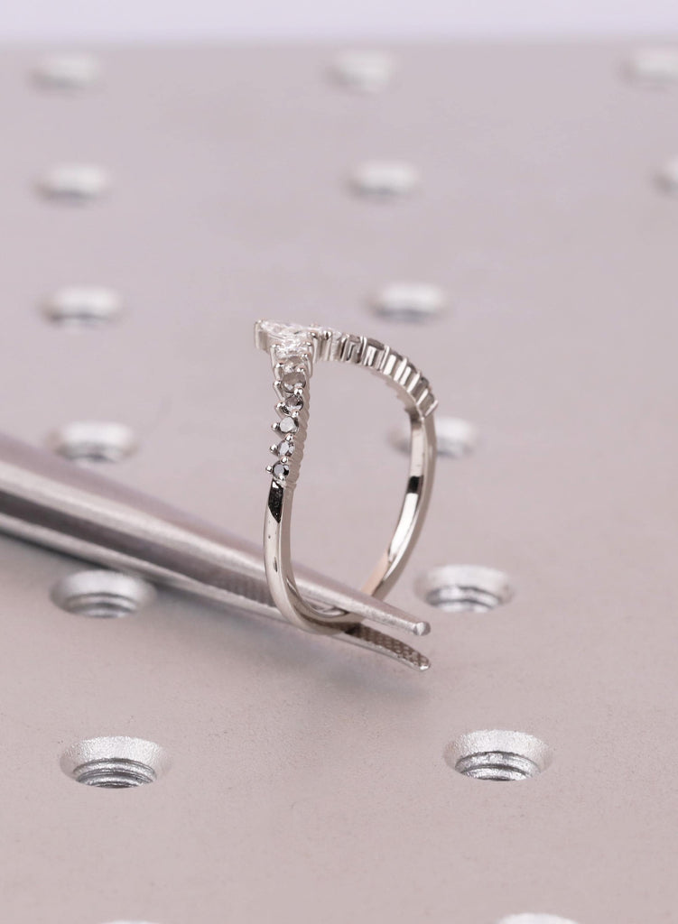 Ombré Salt and Pepper Diamond Chevron Wedding Band, Marquise and Princess Cut V Shaped Ring, Platinum Unique Bridal Matching Band for Women image #9