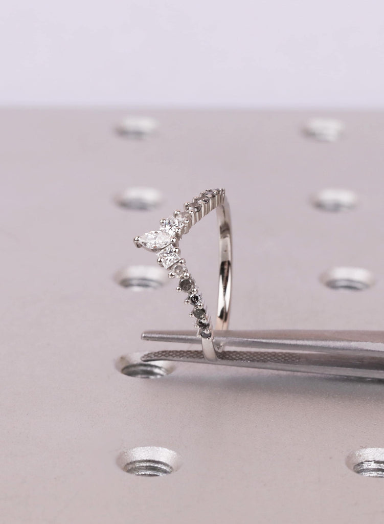 Ombré Salt and Pepper Diamond Chevron Wedding Band, Marquise and Princess Cut V Shaped Ring, Platinum Unique Bridal Matching Band for Women image #10