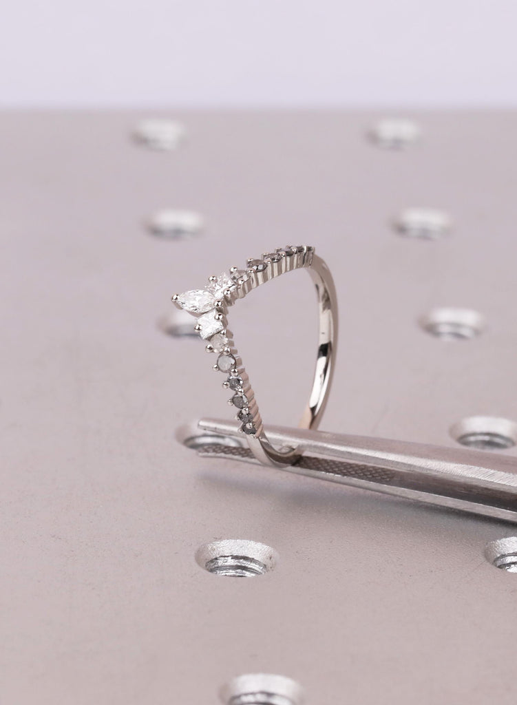 Ombré Salt and Pepper Diamond Chevron Wedding Band, Marquise and Princess Cut V Shaped Ring, Platinum Unique Bridal Matching Band for Women image #1