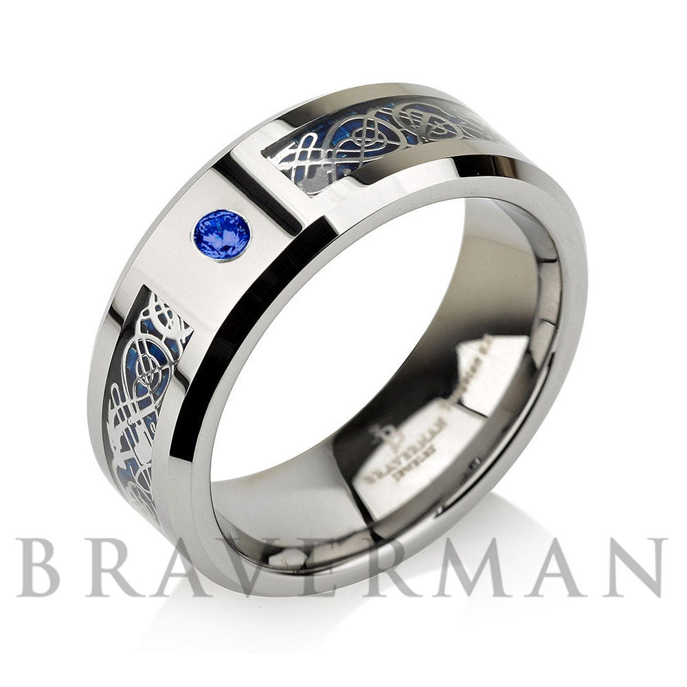 Sapphire Tungsten Wedding Band For Him | Unique Dragon Inlay Comfort Fit Mens Engagement Ring | September Birthstone Ring Gift for Boyfriend