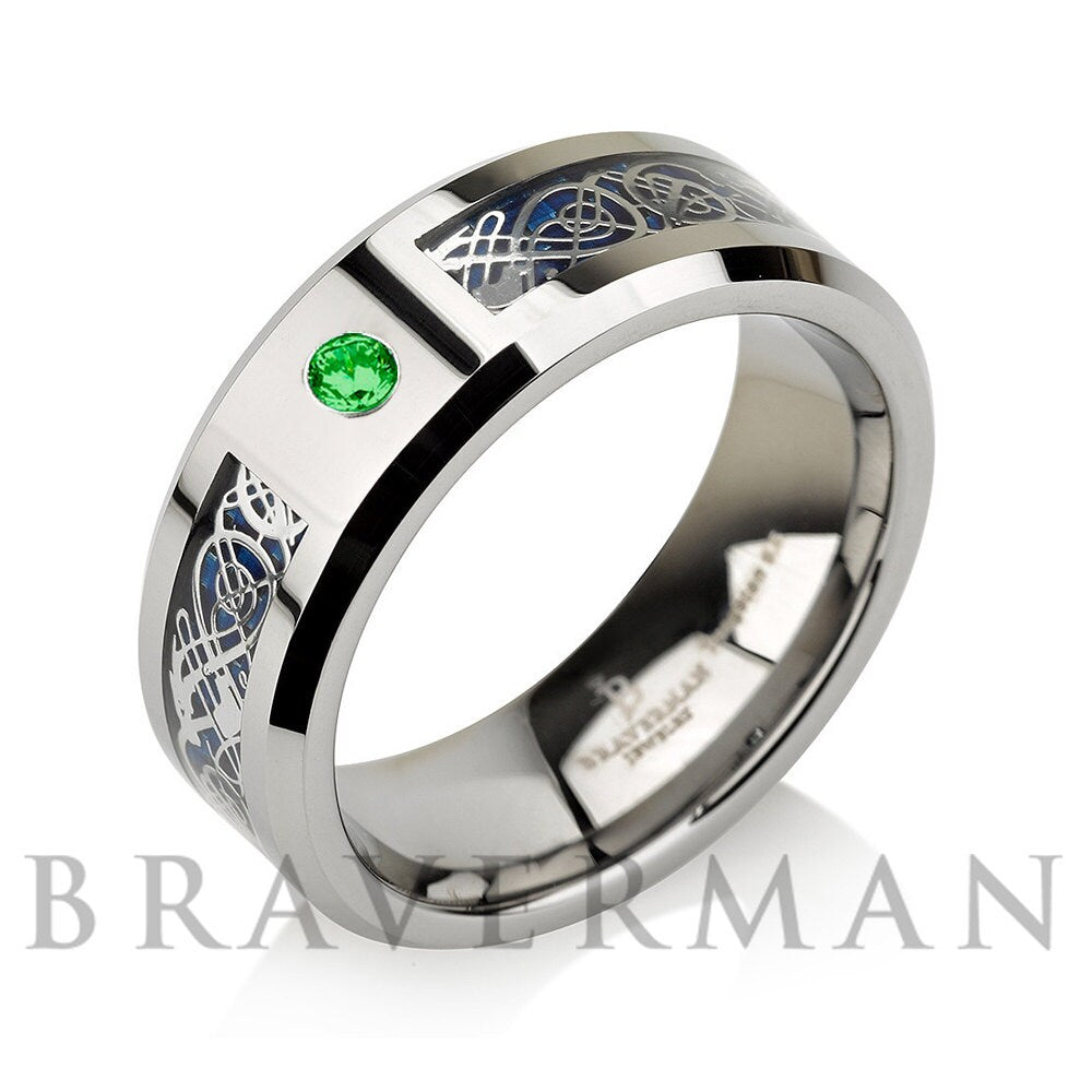 Green Emerald 8MM Tungsten Ring | Custom Engagement Ring for Him | Celtic Dragon Ring Mens Wedding Band | Anniversary Birthday Gift