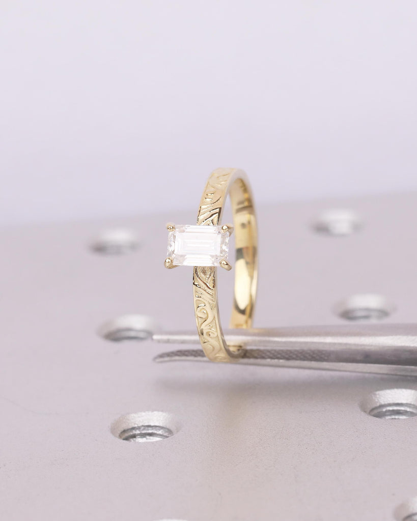 14k Gold Emerald Cut Moissanite Ring, Filigree Minimalist Engagement Ring, Vintage Jewelry image #16