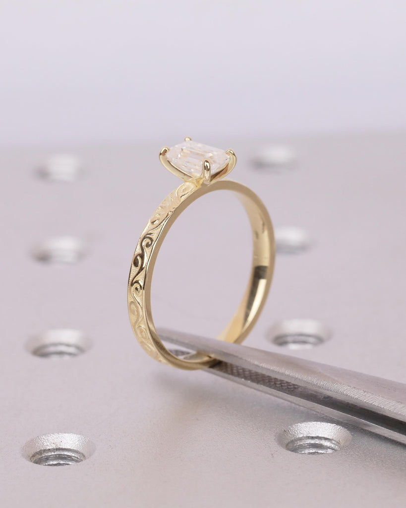 14k Gold Emerald Cut Moissanite Ring, Filigree Minimalist Engagement Ring, Vintage Jewelry image #8
