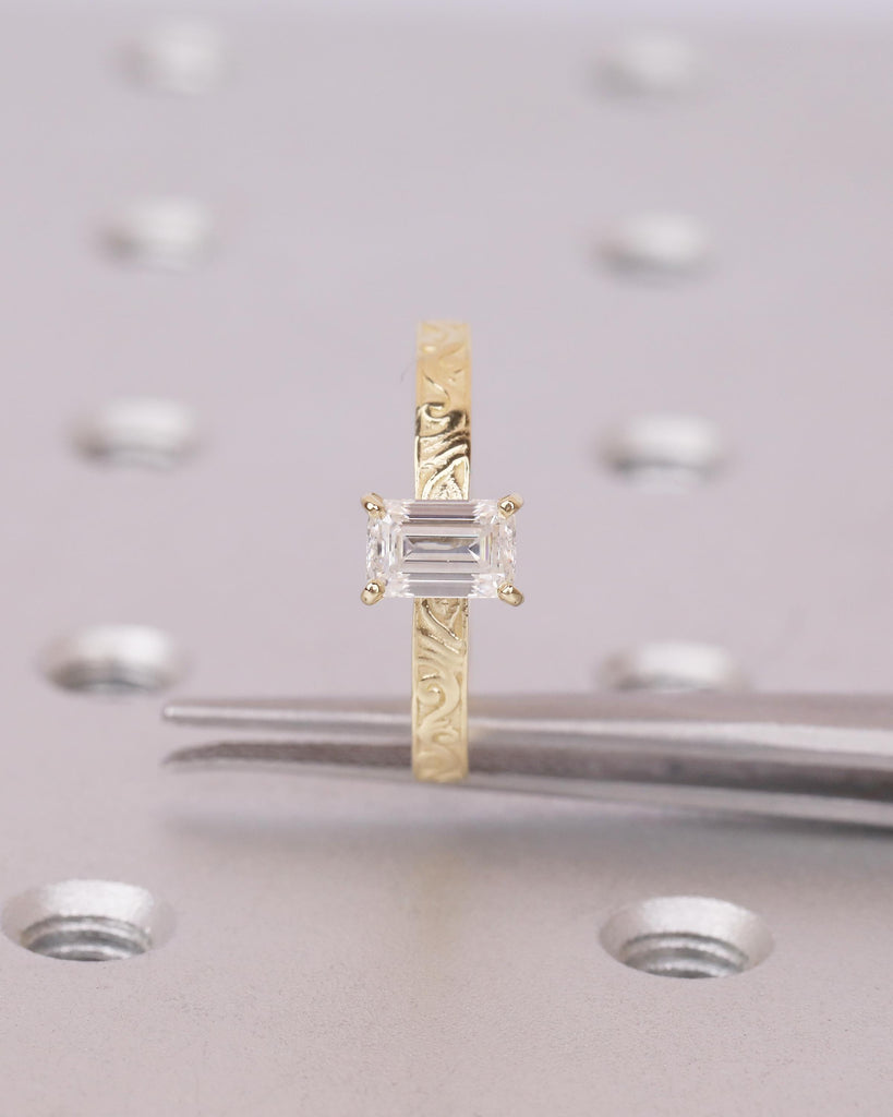 Solitaire Moissanite Engagement Ring, Emerald Cut Ring, 14k Solid Gold Filigree Ring, Vintage Style Rings for Women, Unique Wedding Jewelry image #18