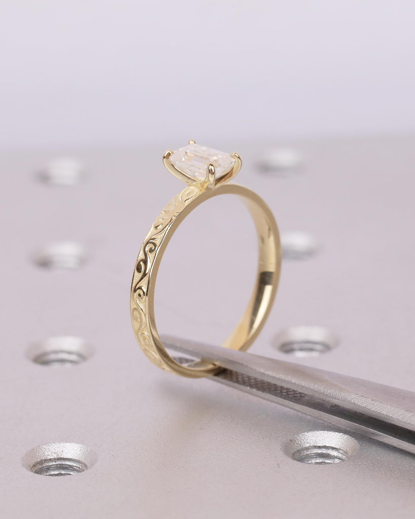Emerald Cut Engagement Ring, IGI Certified Lab Grown Diamond Wedding Ring, 14k Yellow Gold Filigree Solitaire Rings, Vintage Bridal Jewelry image #13