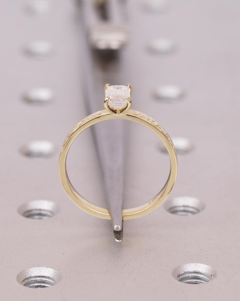 Solitaire Moissanite Engagement Ring, Emerald Cut Ring, 14k Solid Gold Filigree Ring, Vintage Style Rings for Women, Unique Wedding Jewelry image #6