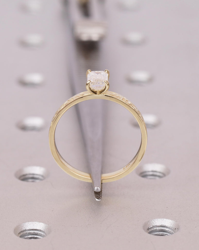 14k Gold Emerald Cut Moissanite Ring, Filigree Minimalist Engagement Ring, Vintage Jewelry image #6