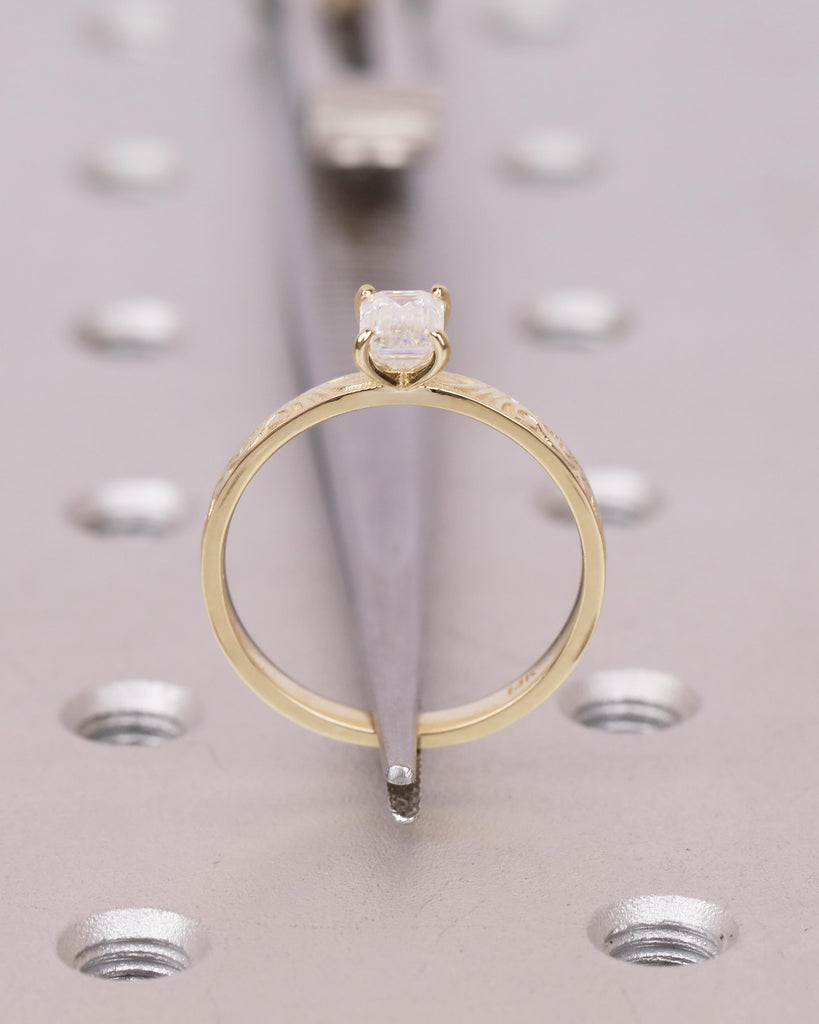 Emerald Cut Ring, Lab Created Diamond Engagement Ring, 14k Solid Gold Scrollwork Band image #7