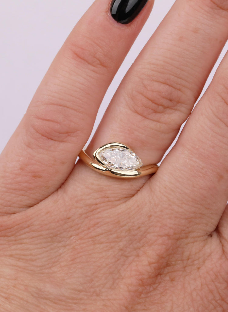 Minimalist Moissanite Engagement Ring Ring: 14K Yellow Gold Solitaire, Bezel Set Marquise Cut Gemstone