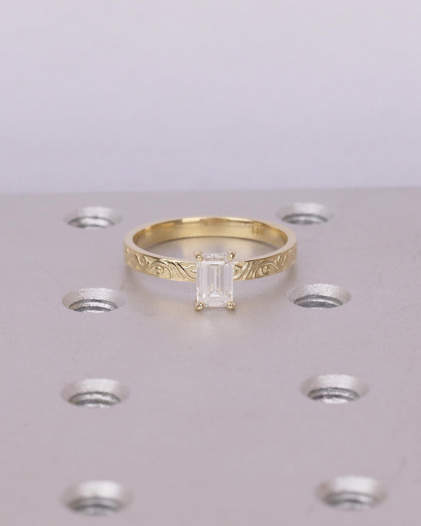 Emerald Cut Engagement Ring, IGI Certified Lab Grown Diamond Wedding Ring, 14k Yellow Gold Filigree Solitaire Rings, Vintage Bridal Jewelry image #14