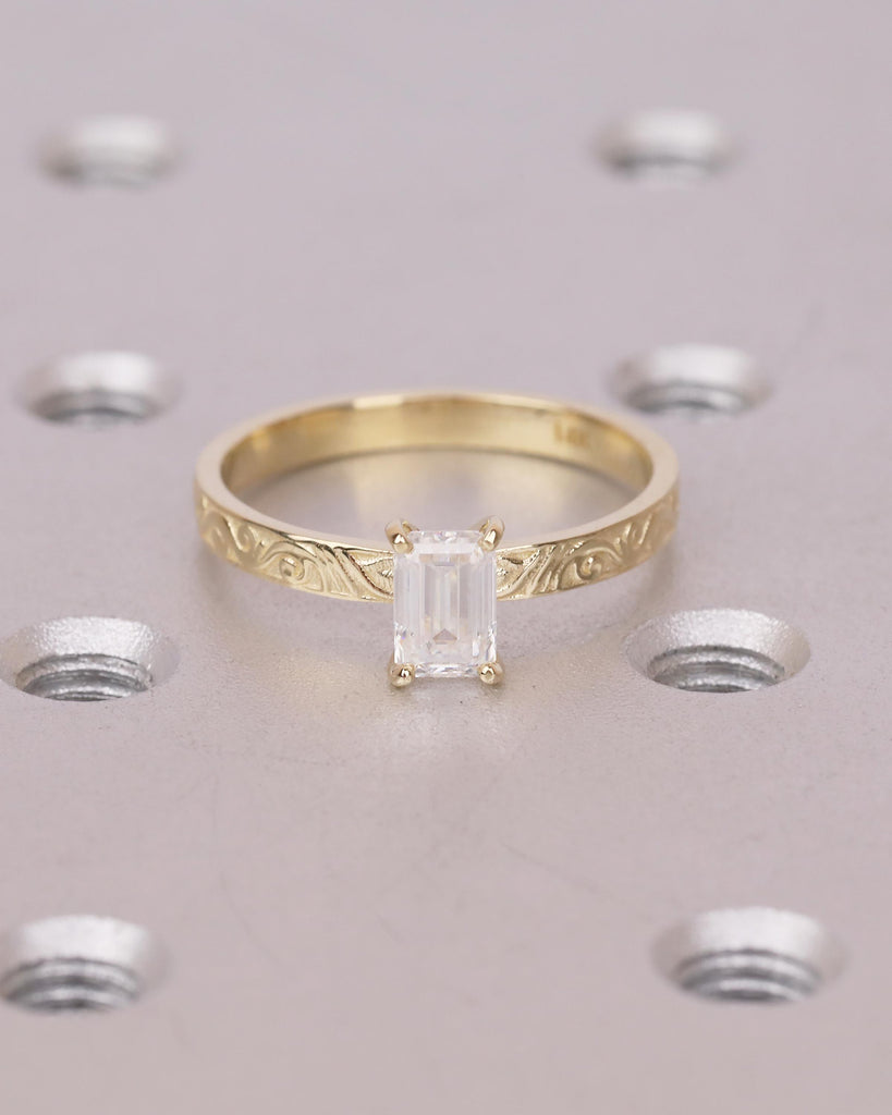 Emerald Cut Ring, Lab Created Diamond Engagement Ring, 14k Solid Gold Scrollwork Band image #18