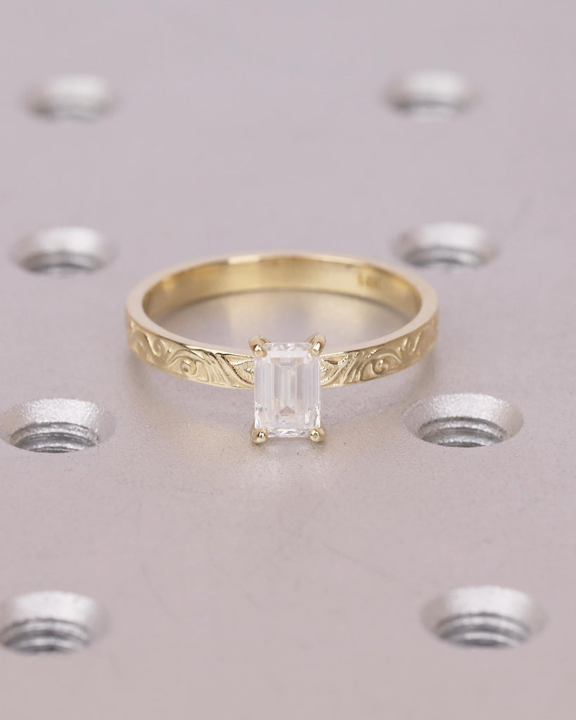 Solitaire Moissanite Engagement Ring, Emerald Cut Ring, 14k Solid Gold Filigree Ring, Vintage Style Rings for Women, Unique Wedding Jewelry image #12