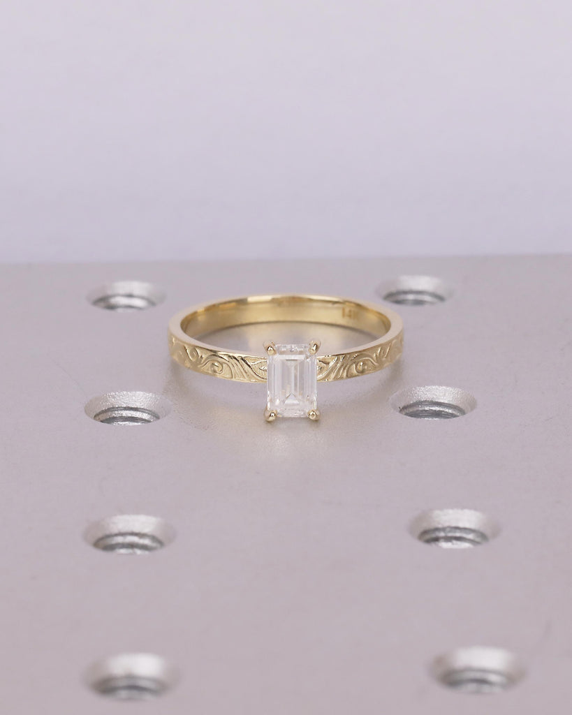 Solitaire Moissanite Engagement Ring, Emerald Cut Ring, 14k Solid Gold Filigree Ring, Vintage Style Rings for Women, Unique Wedding Jewelry image #4