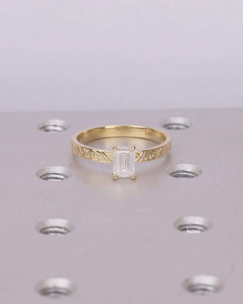 14k Gold Emerald Cut Moissanite Ring, Filigree Minimalist Engagement Ring, Vintage Jewelry image #4