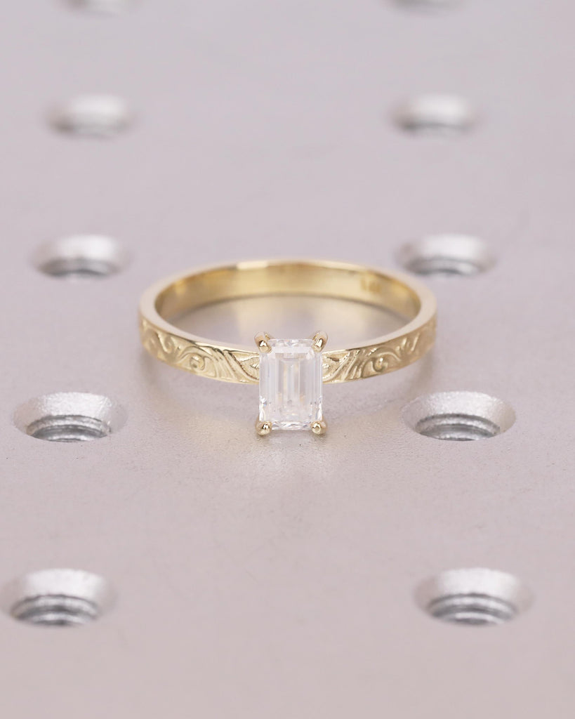 Solitaire Moissanite Engagement Ring, Emerald Cut Ring, 14k Solid Gold Filigree Ring, Vintage Style Rings for Women, Unique Wedding Jewelry image #14